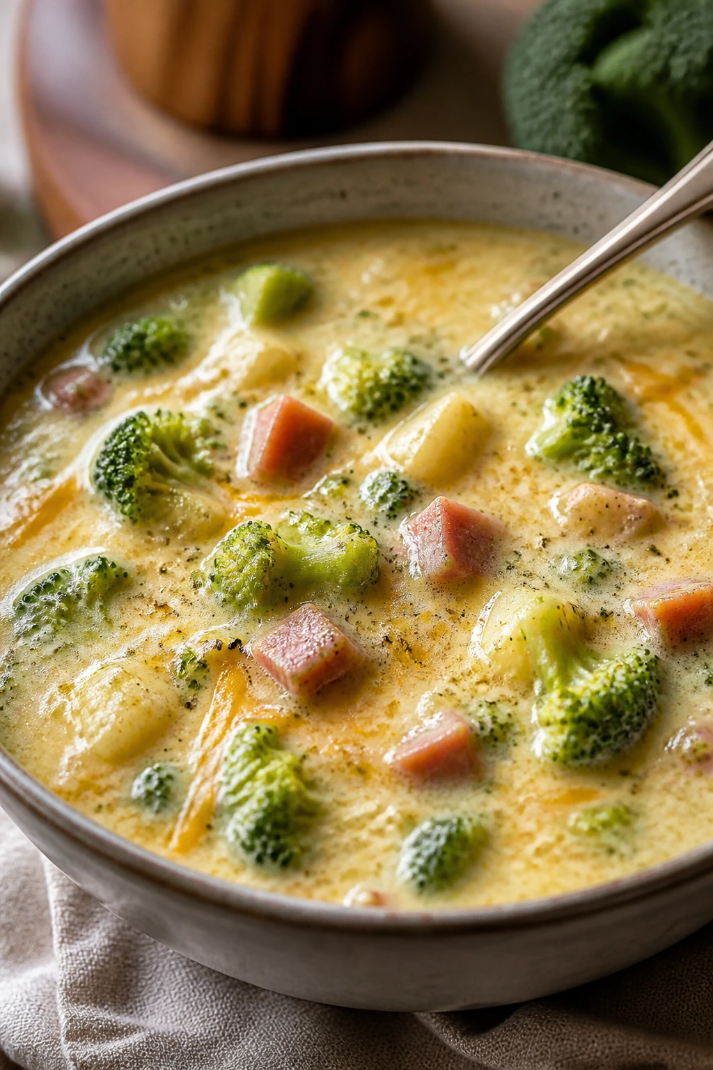 Creamy broccoli cheddar soup with ham in a bowl
