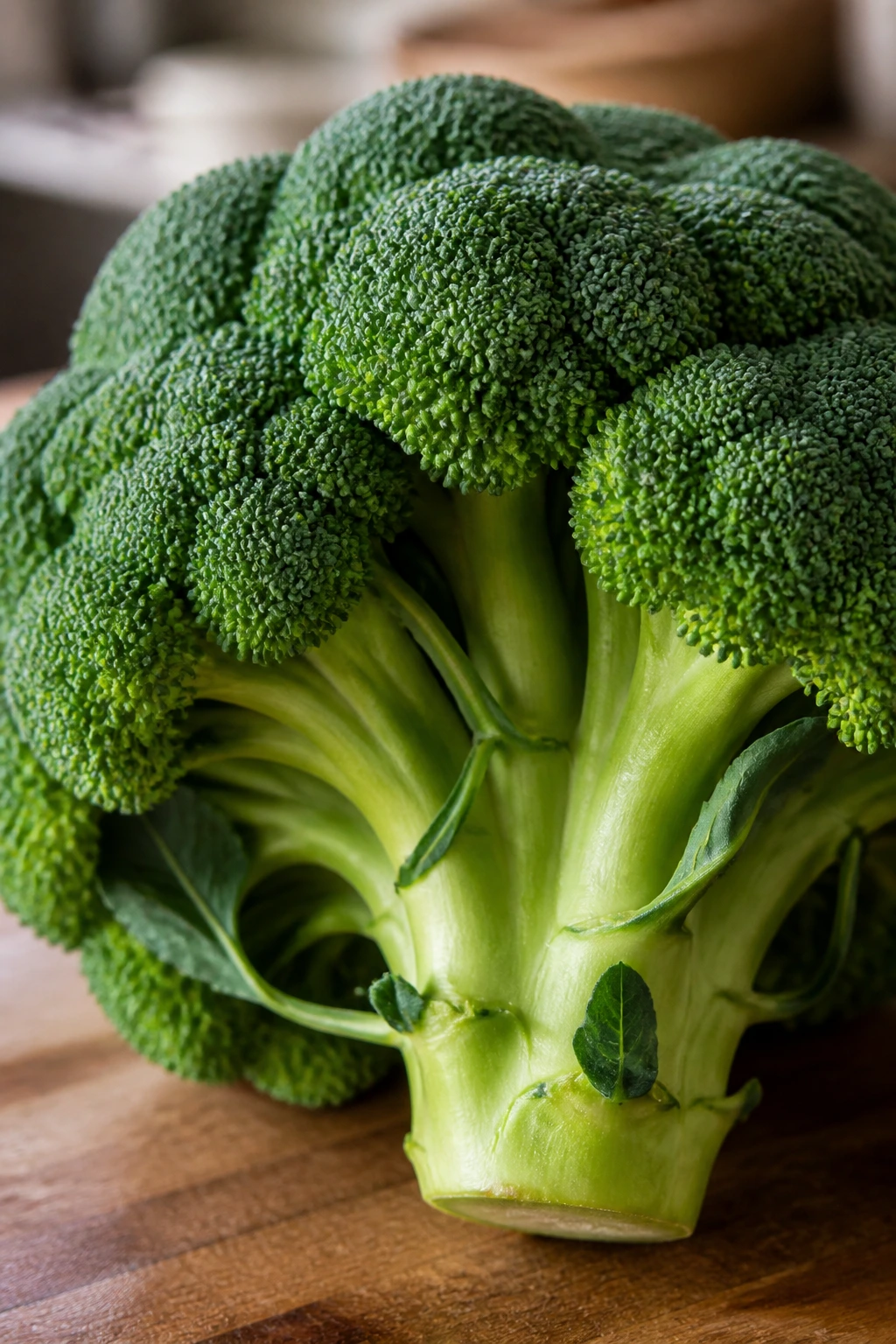 Close-up of a fresh broccoli crown on a kitchen counter