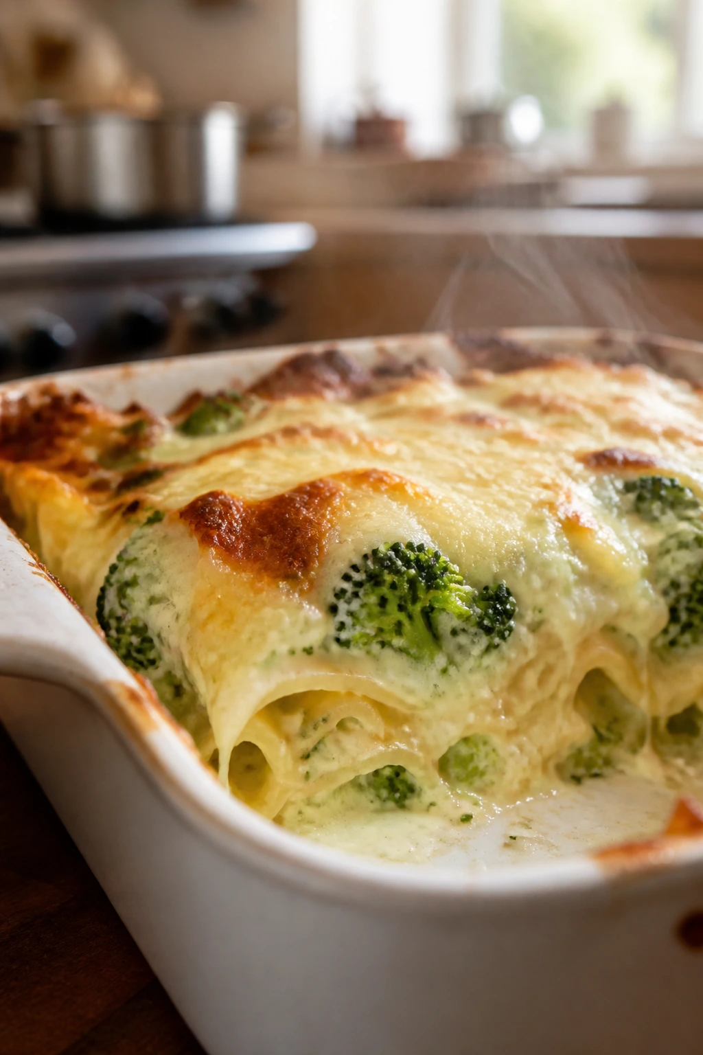 Close-up of broccoli and three-cheese lasagna slice with creamy sauce in a baking dish
