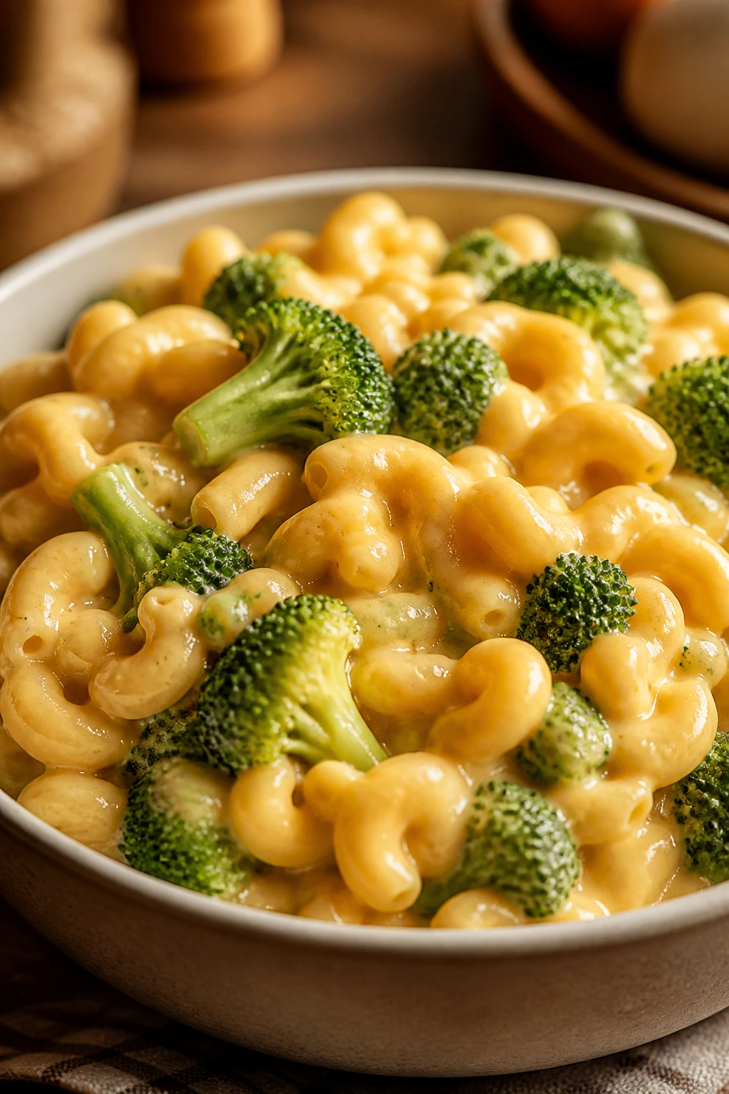 Creamy broccoli macaroni and cheese in a bowl