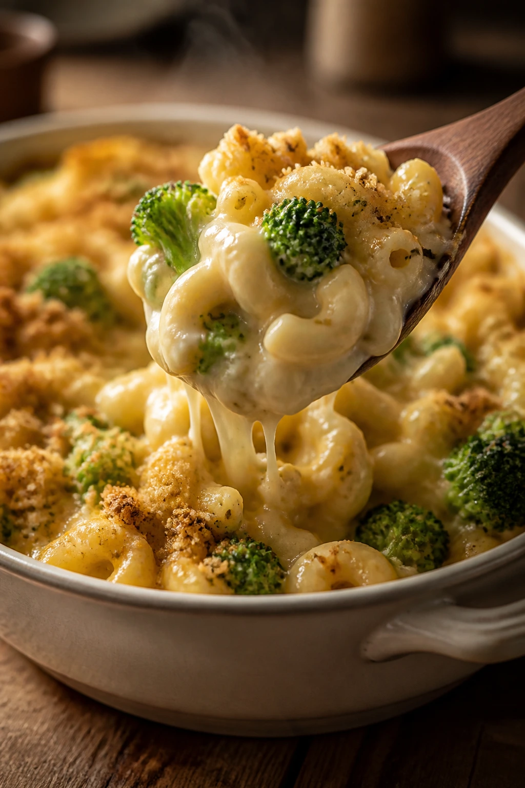 Close-up of broccoli macaroni and cheese in a bowl