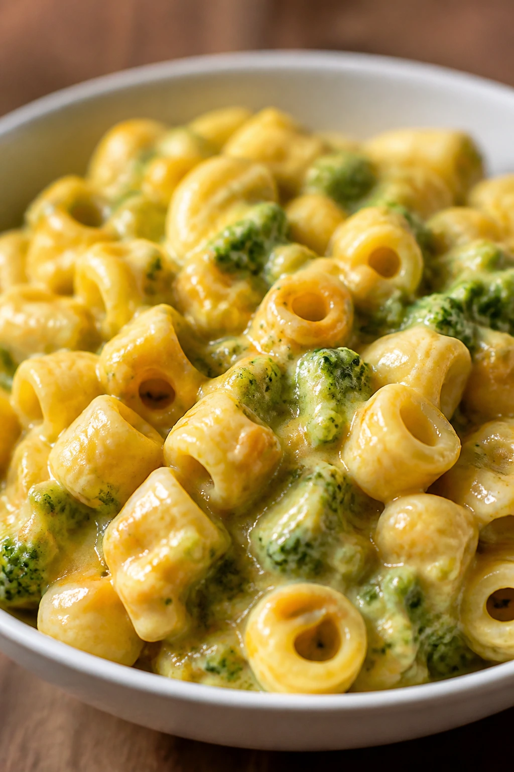 Bowl of cheesy broccoli pasta with small pasta and broccoli