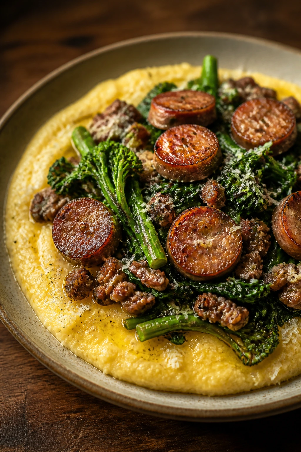Broccoli rabe and sausage over polenta on a rustic plate