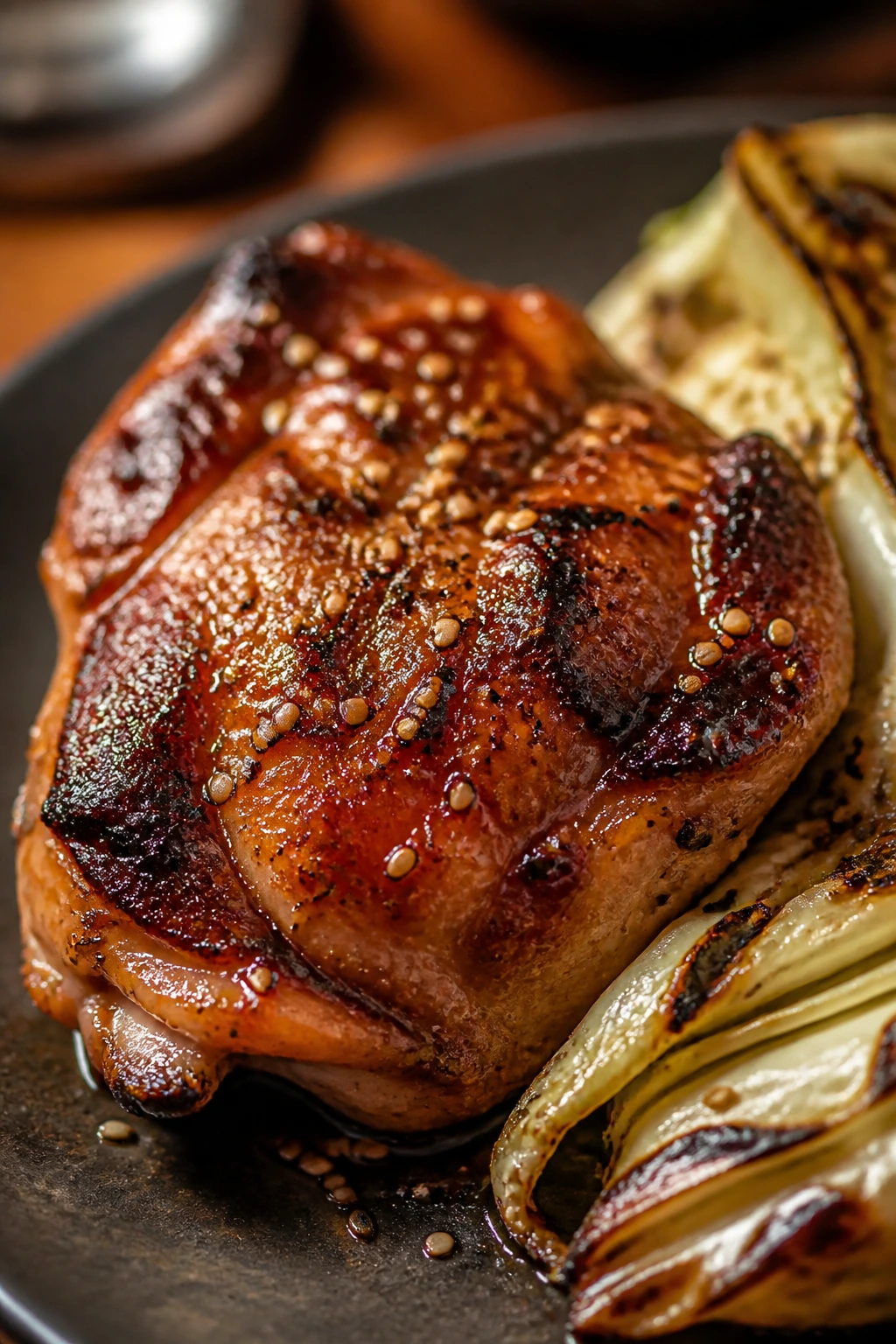 Close-up of bronzed, crispy-skinned chicken thigh with charred cabbage