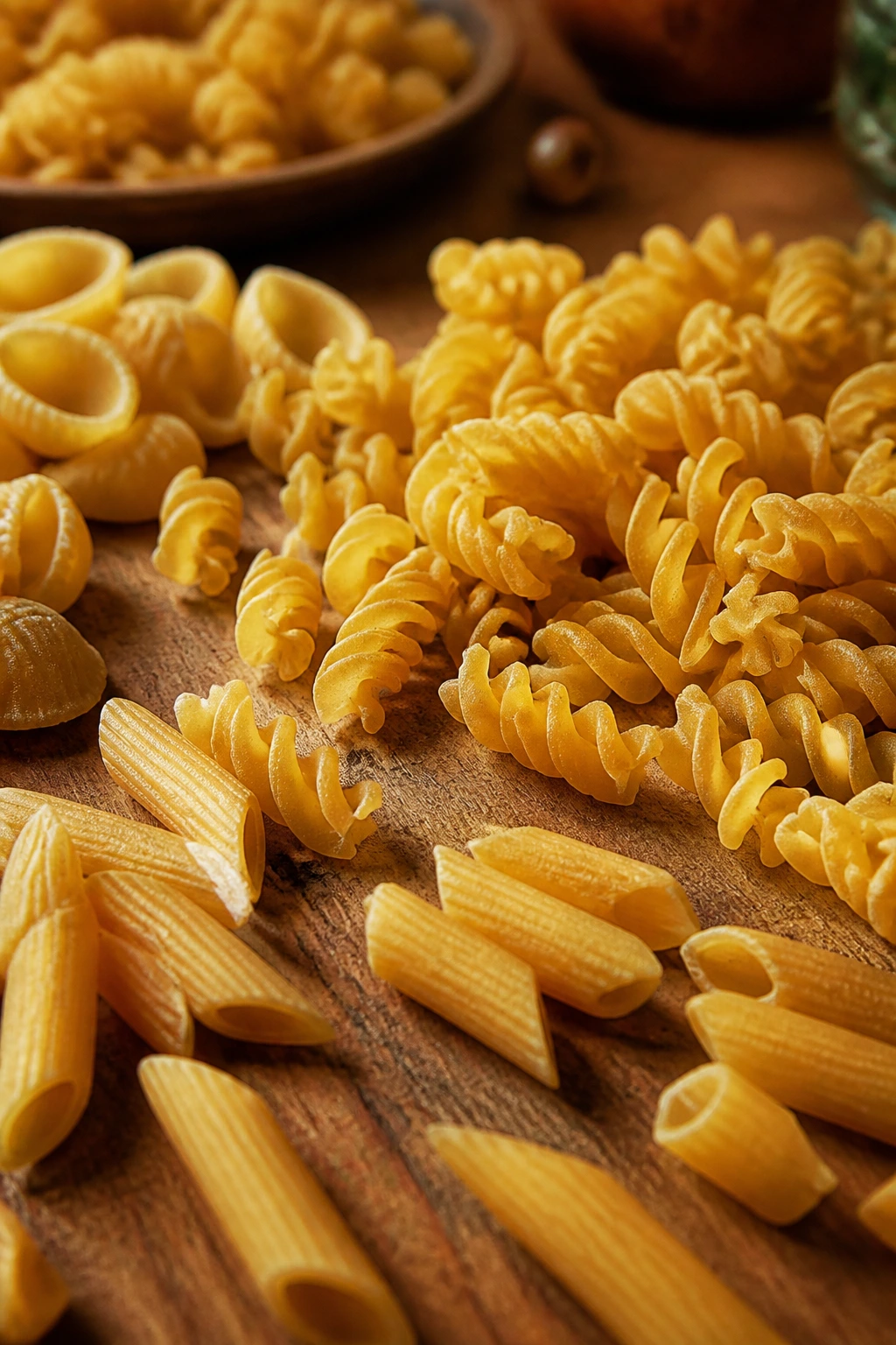 Close-up of bronze-cut pasta on a wooden surface.
