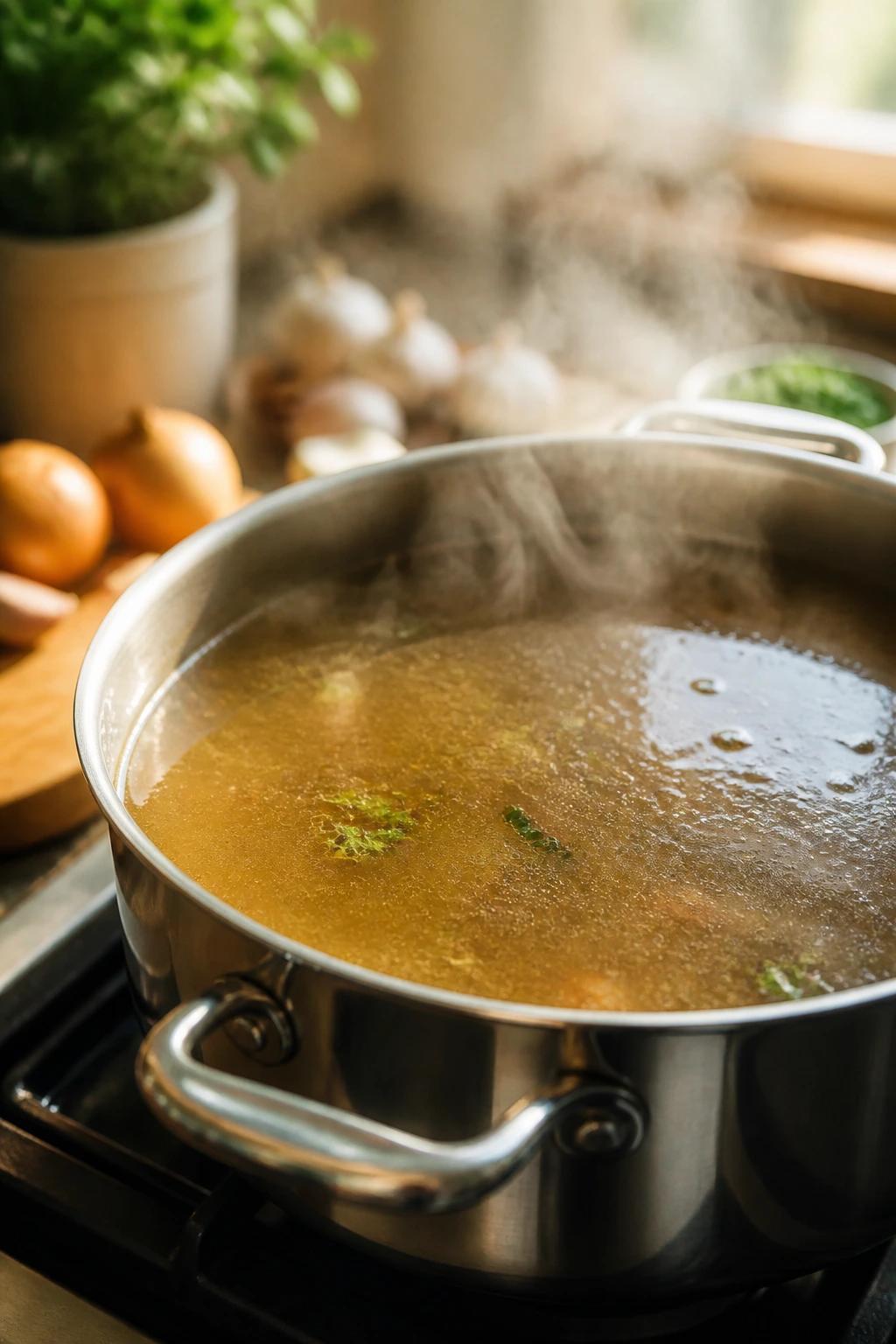 Simmering broth in a pot on the stove with steam