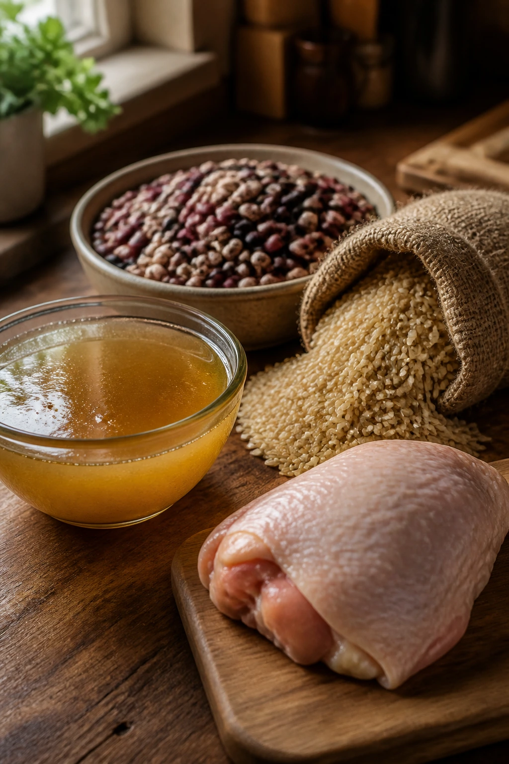 Close-up of broth, beans, grain, and meat ingredients on a wooden counter for smart shopping