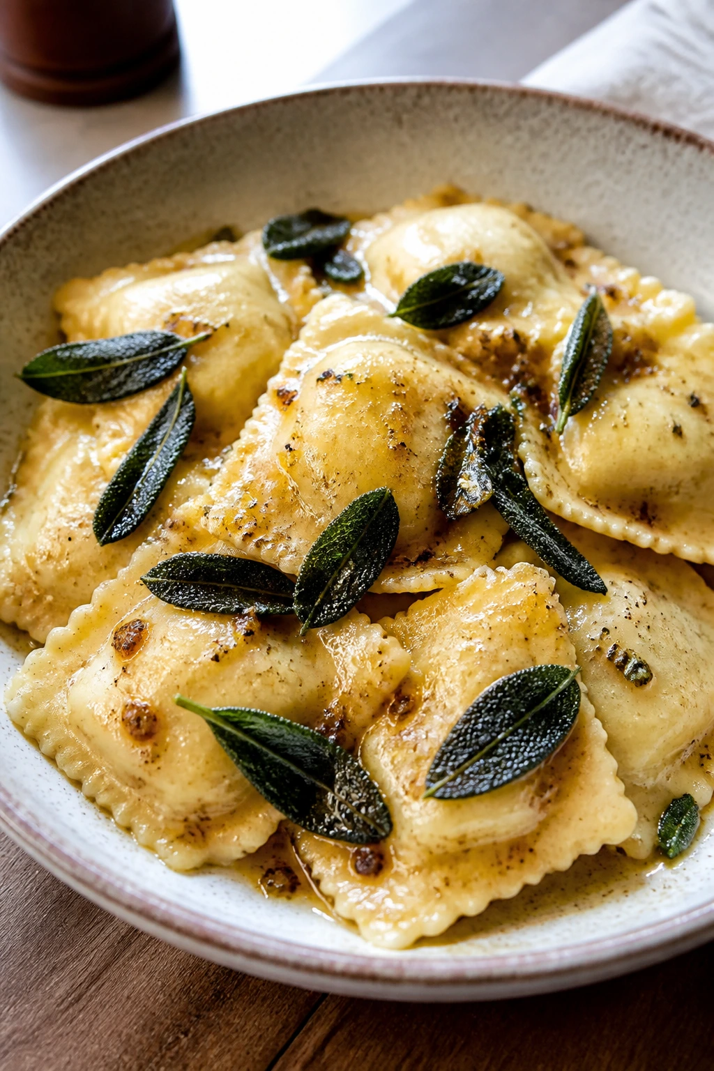 Ravioli with brown butter and crispy sage in a bowl