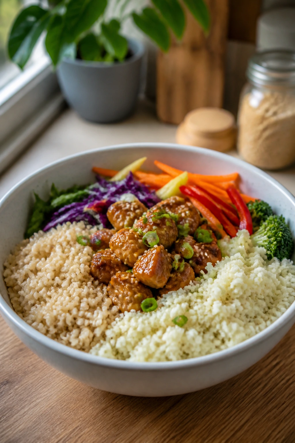 Rice bowl with half brown rice and half cauliflower rice with protein and vegetables