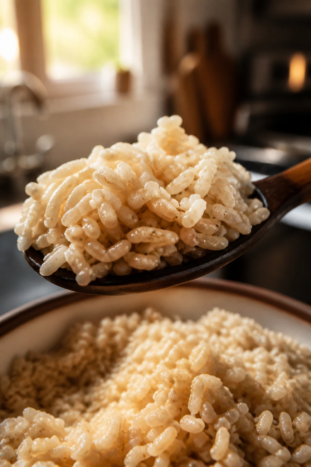 Close-up of cooked brown rice on a spoon in a kitchen