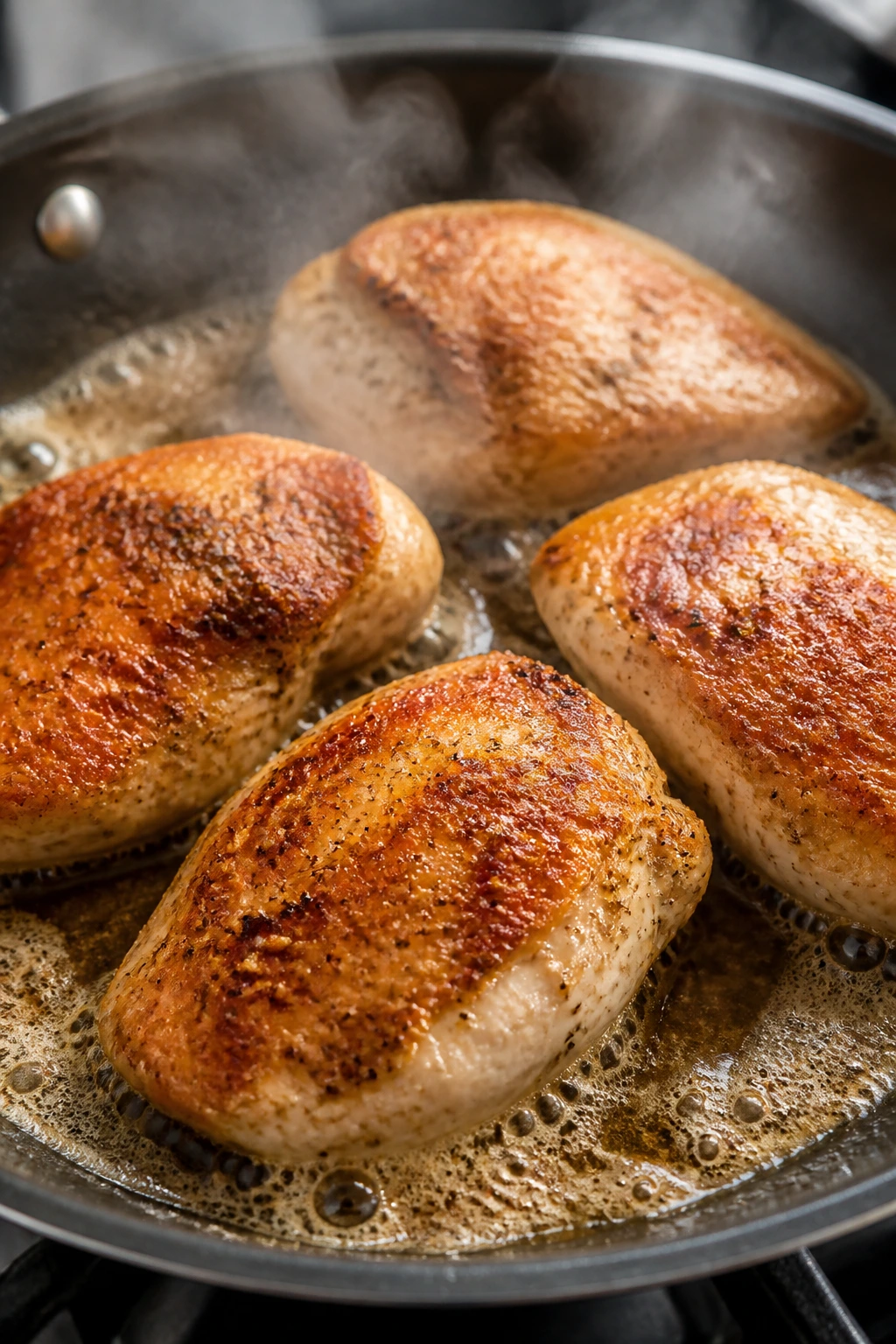 Close-up of browning chicken pieces in skillet with golden crust.
