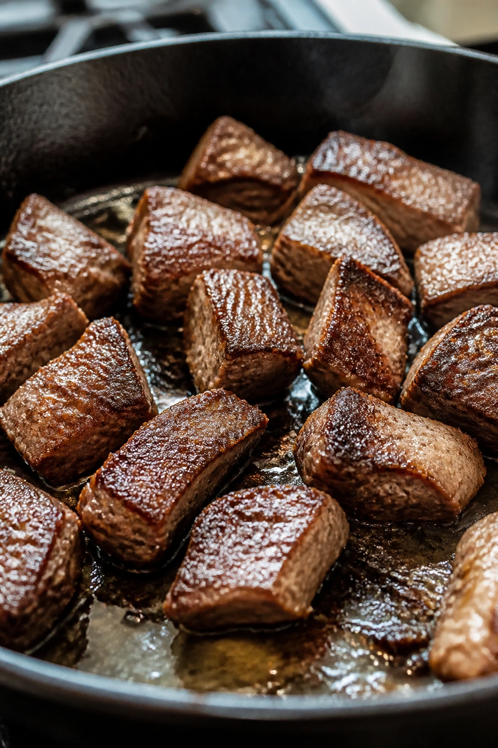 Close-up of browned meat searing in a skillet on a stove.