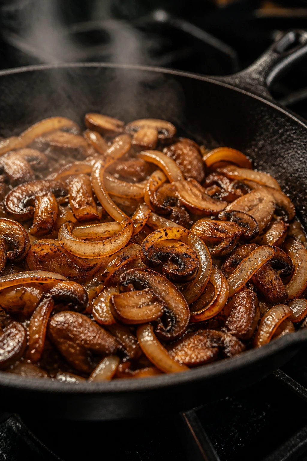 Close-up of browned onions and mushrooms in a skillet