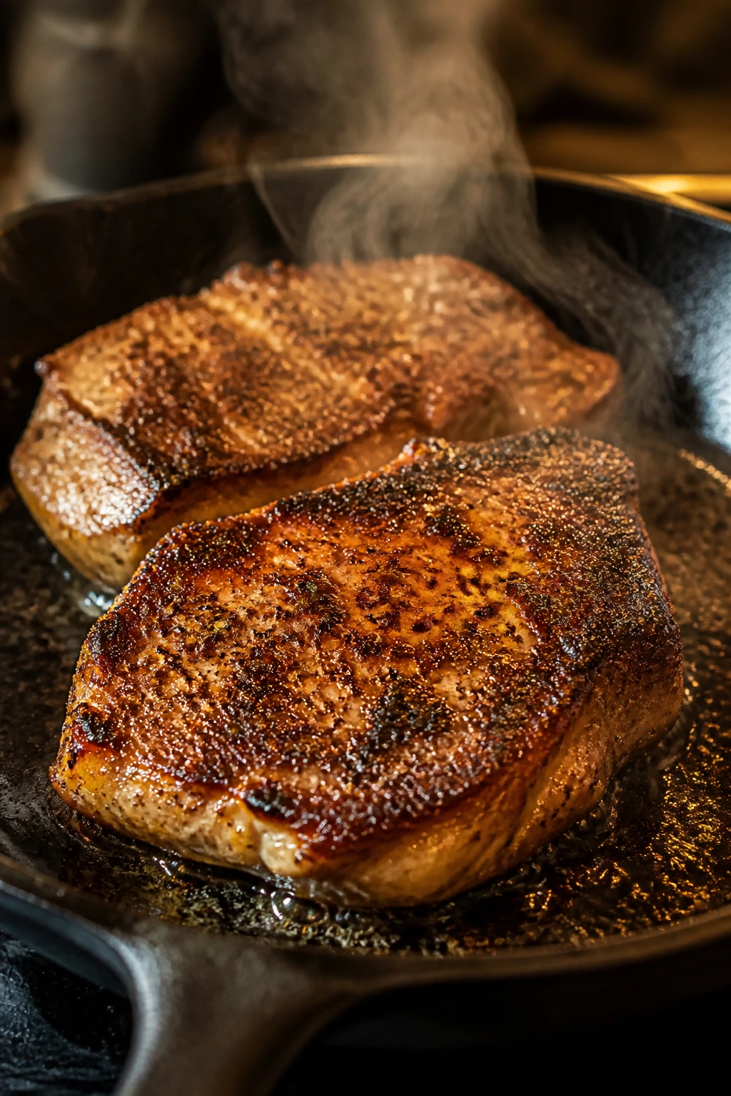 Brown seared meat in a cast-iron skillet