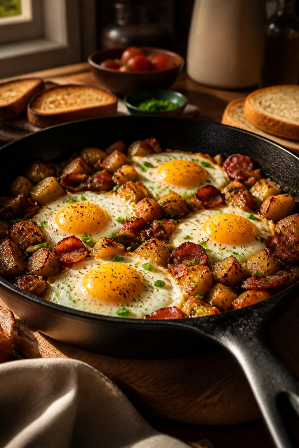 Cozy kitchen skillet with eggs, representing brunch-for-dinner idea
