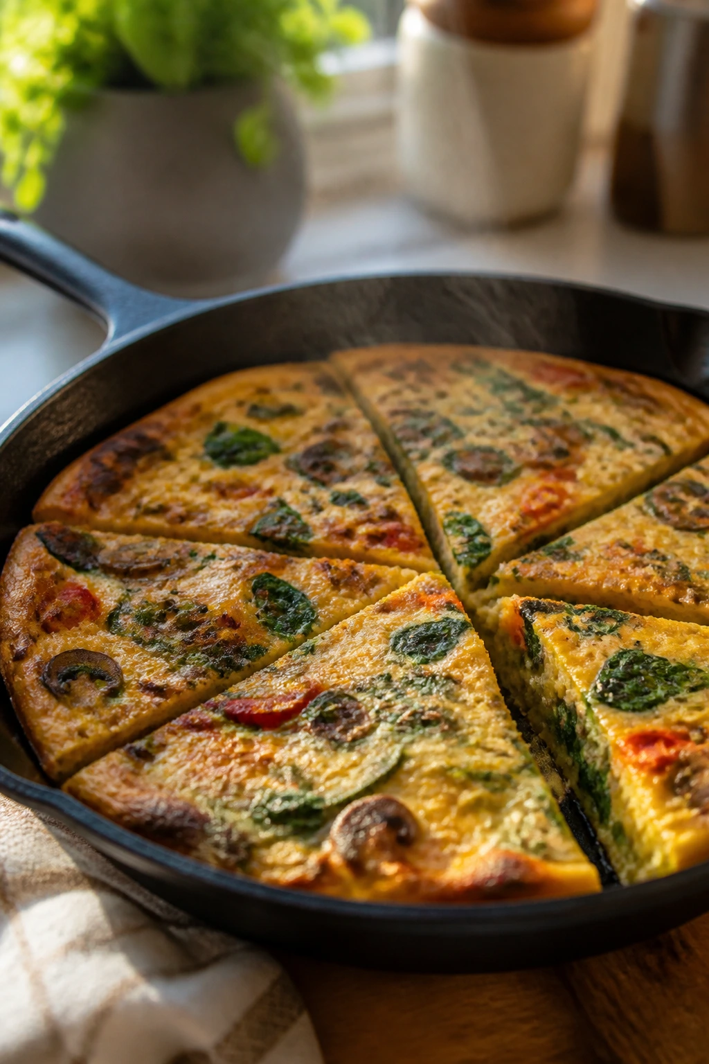 Close-up of a golden frittata in a cast-iron skillet on a warm kitchen counter