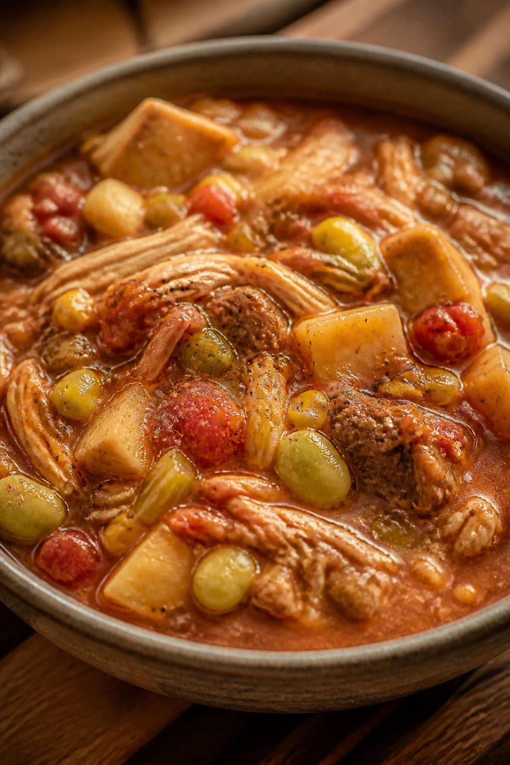 Close-up bowl of Brunswick stew with meat and vegetables in a rustic kitchen