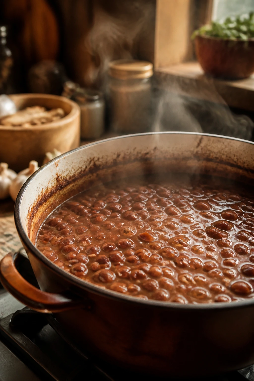 Close-up of a simmering pot of beans on a stove in a cozy kitchen, representing budget-friendly family dinners.