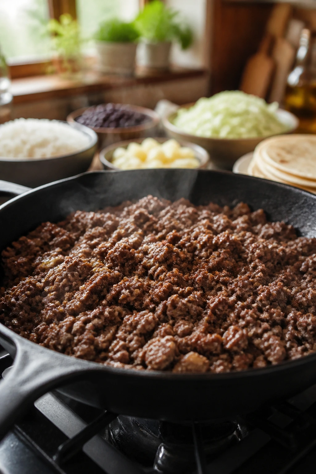 Close-up of a beef skillet with pantry staples blurred in the background
