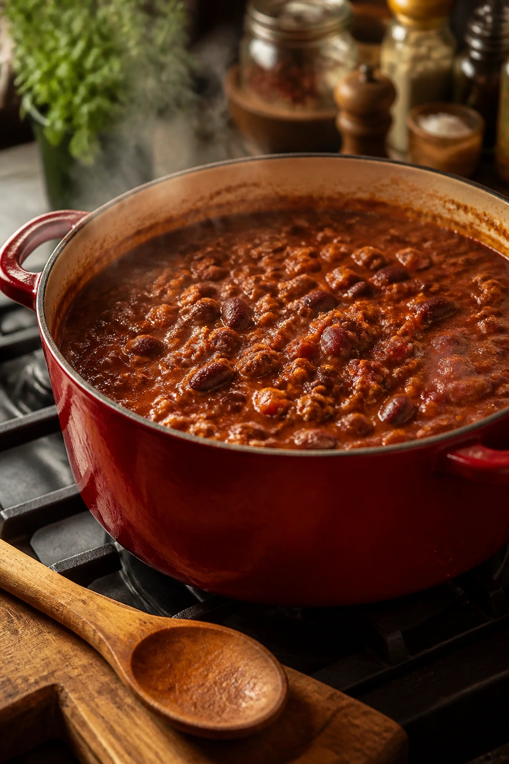 Pot of beef chili simmering on a rustic stove
