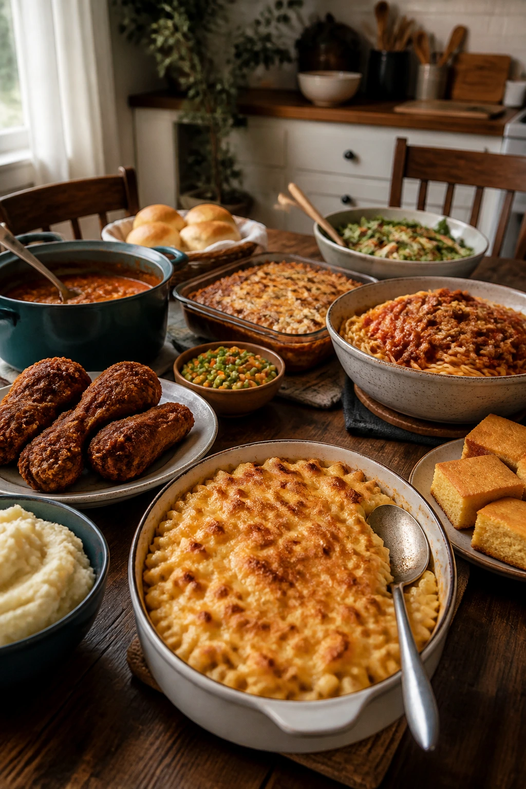 Close-up of a rustic kitchen table loaded with hearty budget-friendly dinners under warm window light