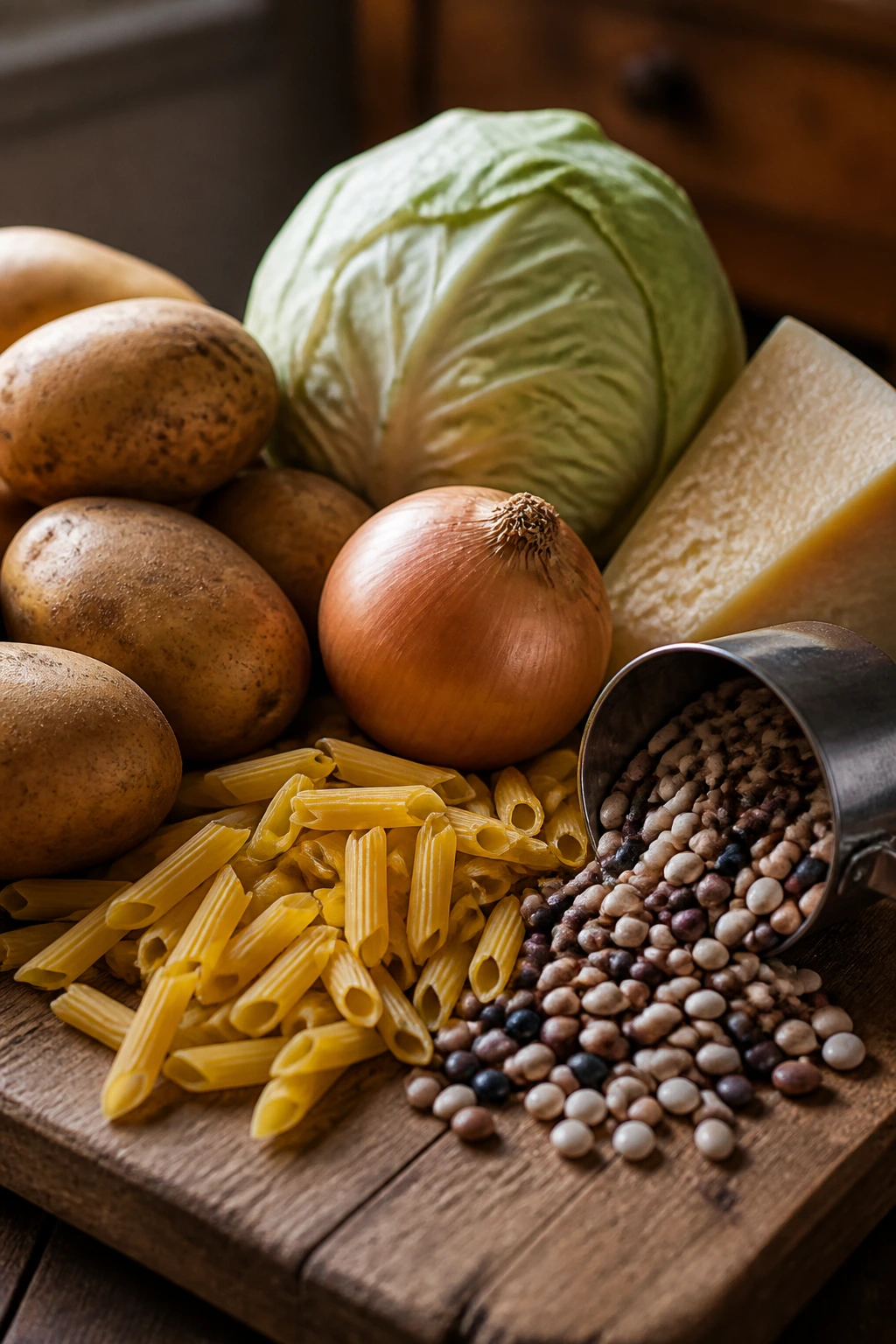 Close-up of budget-friendly pantry staples on rustic board