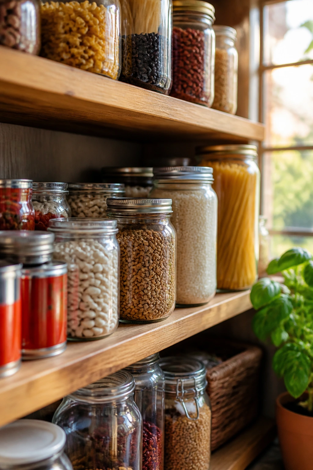 Warm pantry with beans, rice, pasta and canned tomatoes representing budget-friendly dinner staples