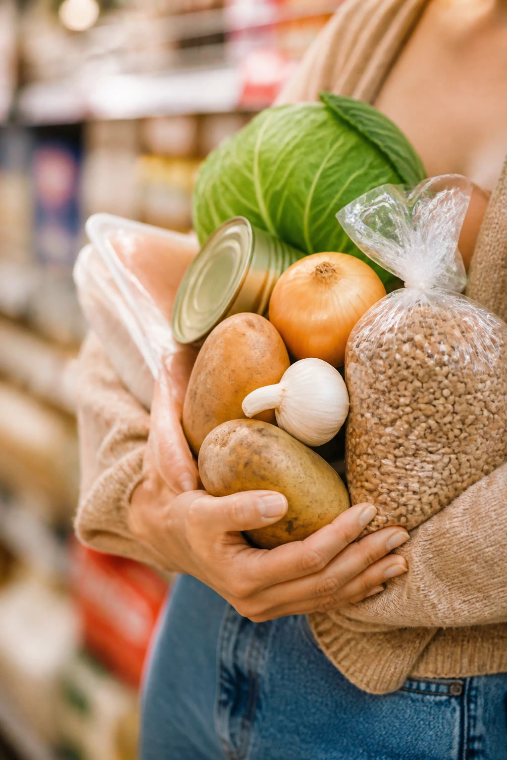 Shoppers selecting affordable ingredients in grocery store