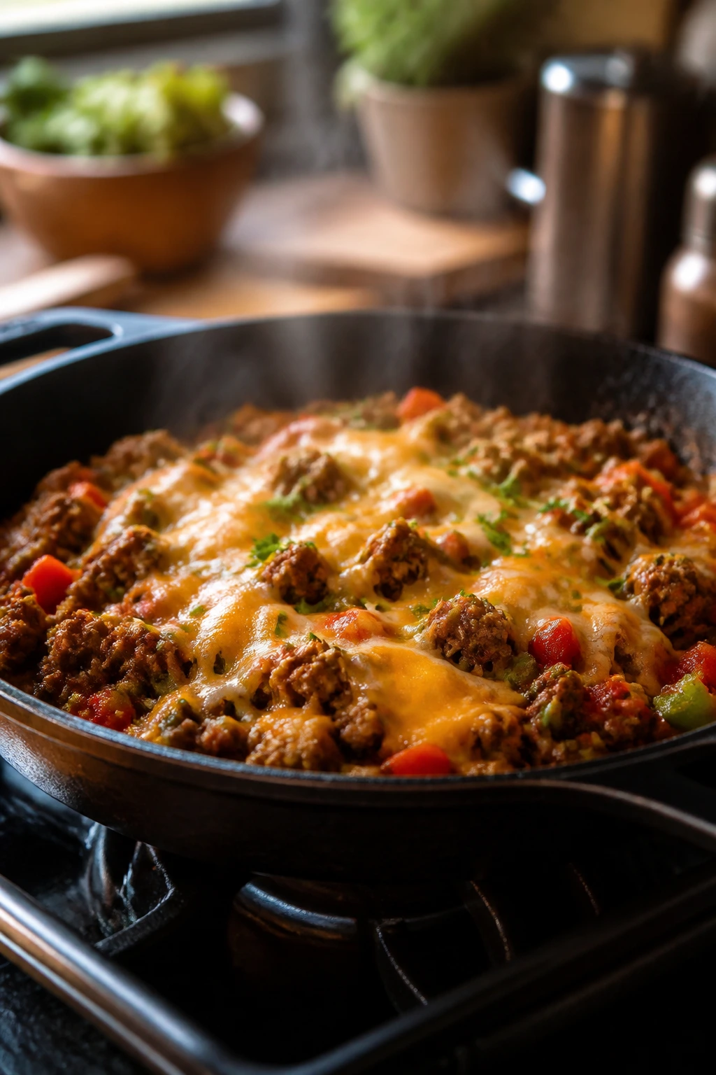 Skillet with ground beef and vegetables showing budget-friendly variation.