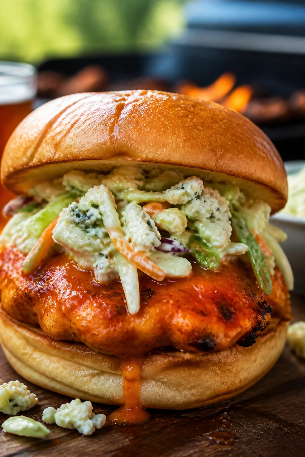 Buffalo chicken burger with blue cheese slaw on a bun outdoors