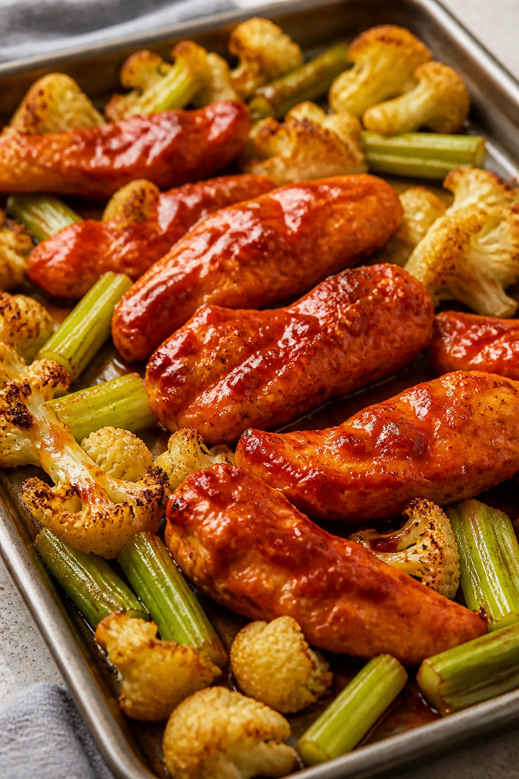 Buffalo chicken with cauliflower and celery on a sheet pan