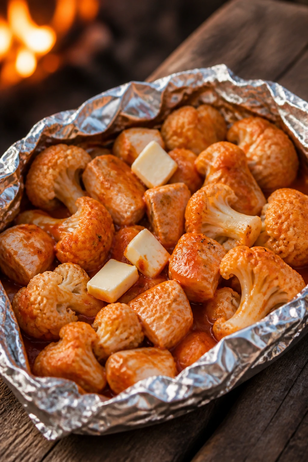 Buffalo ranch chicken and cauliflower packet on camp table with buffalo sauce.