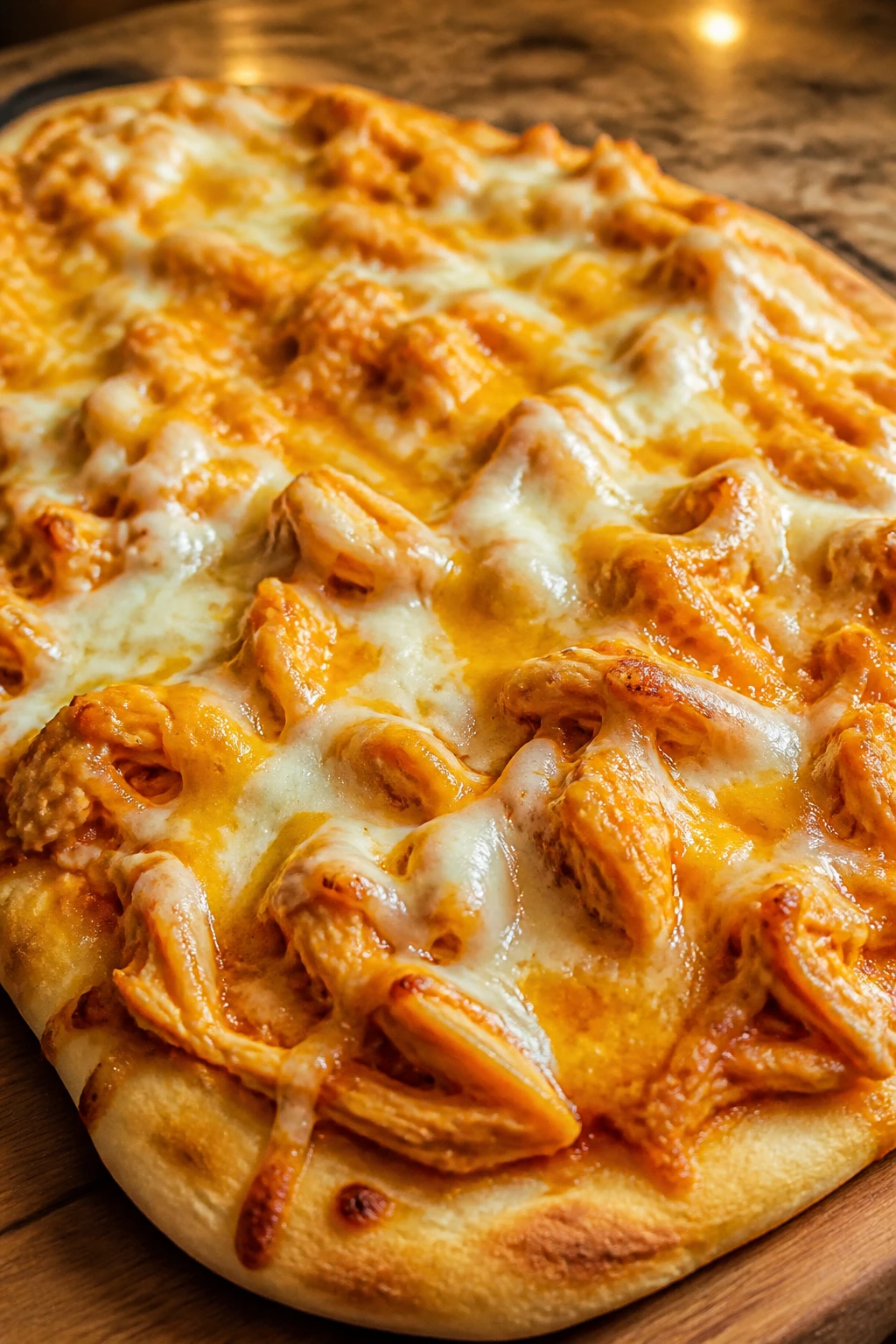 Close-up of buffalo chicken flatbread with melted cheese on a warm kitchen counter
