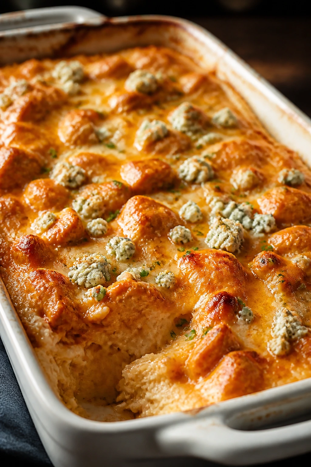 Buffalo chicken hashbrown casserole with blue cheese