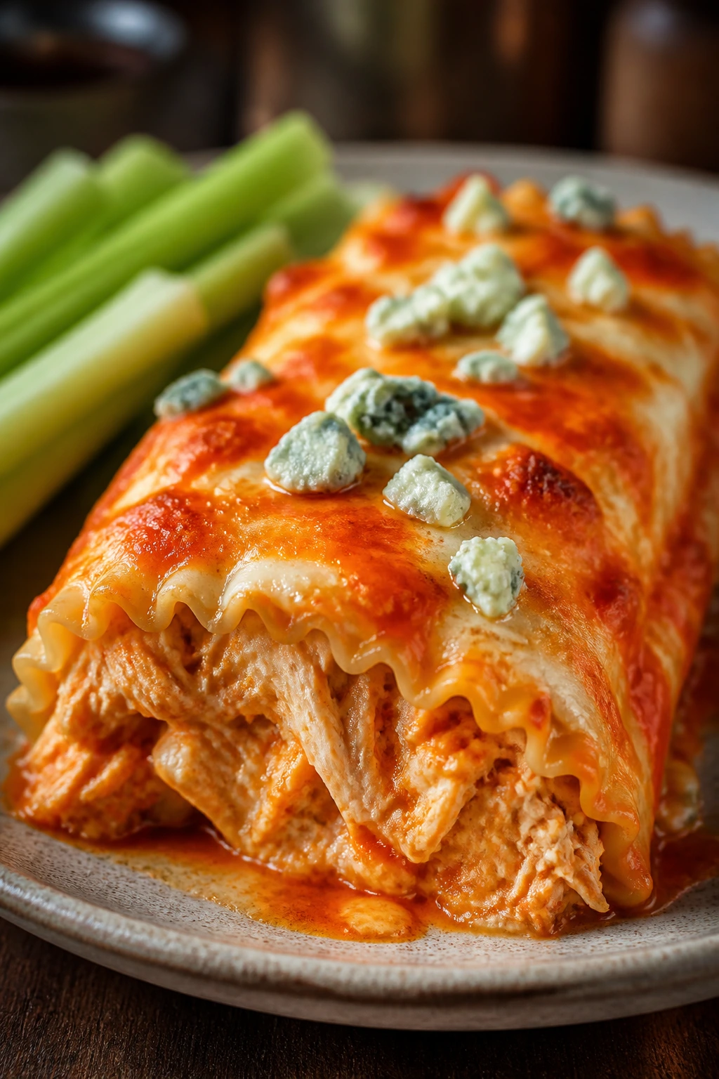 Close-up of Buffalo Chicken Manicotti with buffalo sauce and blue cheese
