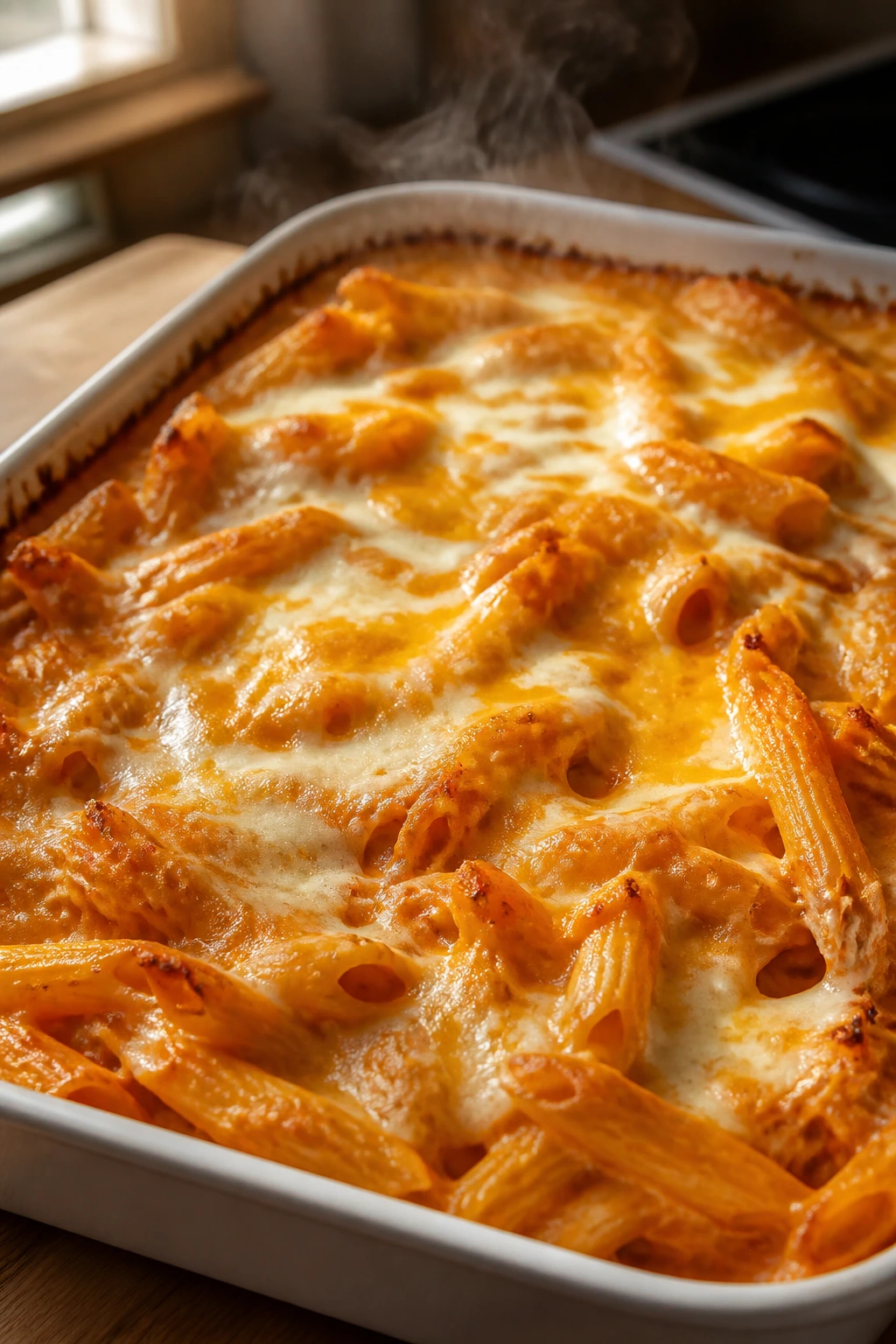 Close-up of buffalo chicken pasta bake bubbling in a baking dish