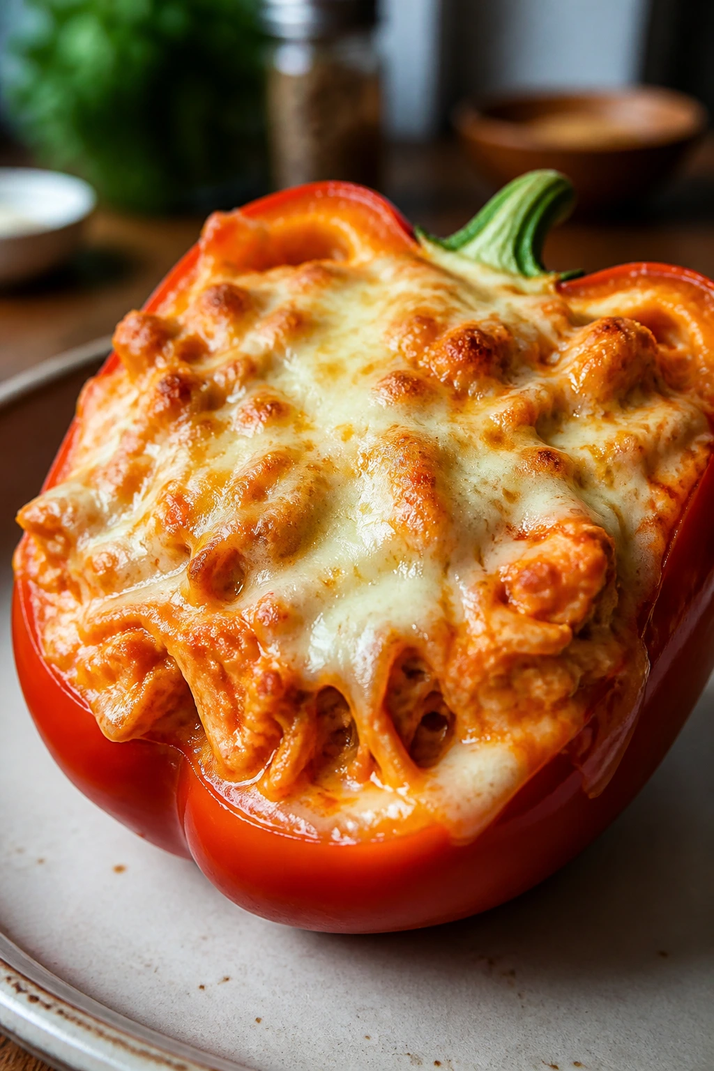 Buffalo chicken stuffed pepper close-up on plate