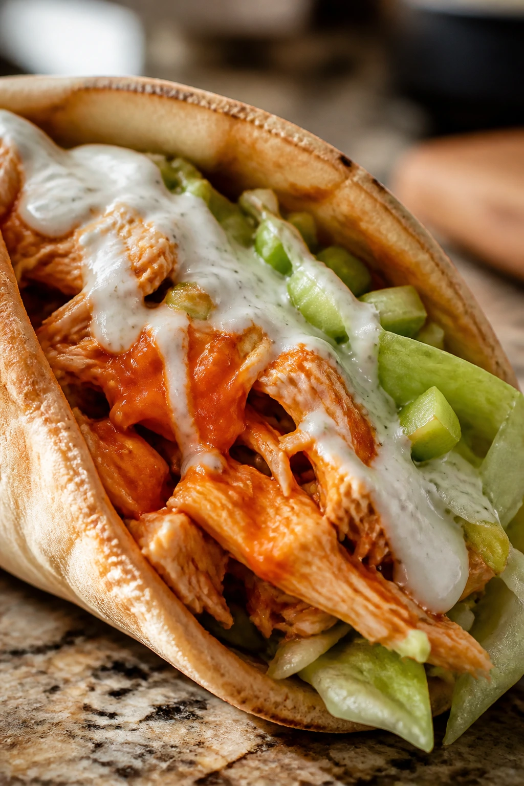 Pita stuffed with buffalo chicken, ranch, lettuce and celery