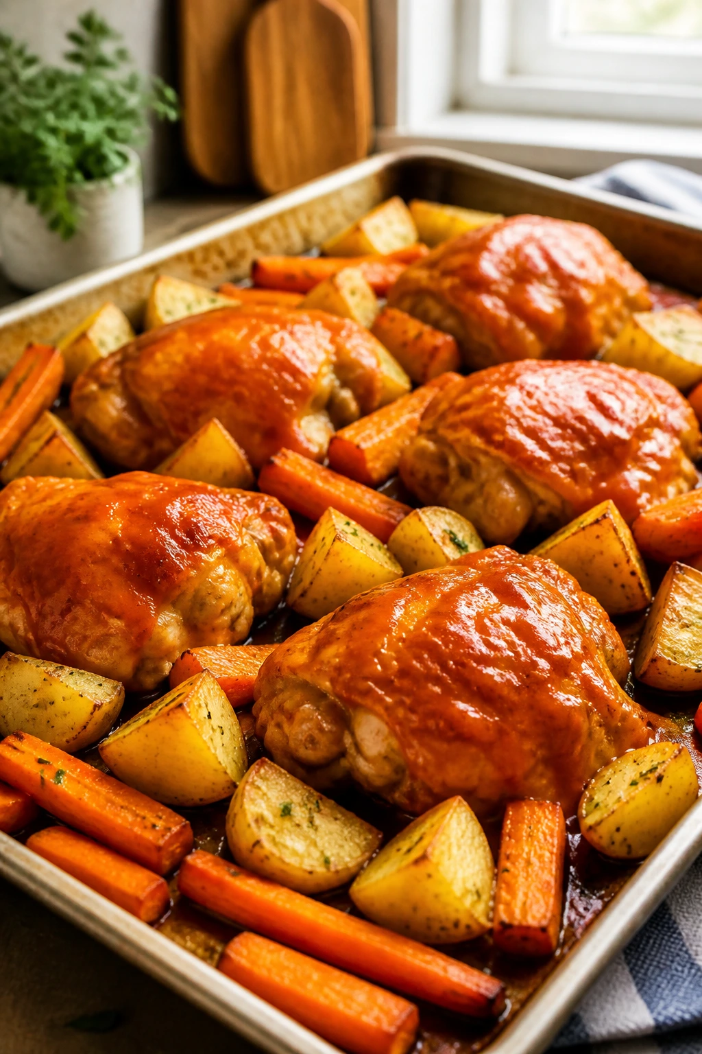 Close-up of buffalo chicken with ranch potatoes and carrots on a sheet pan