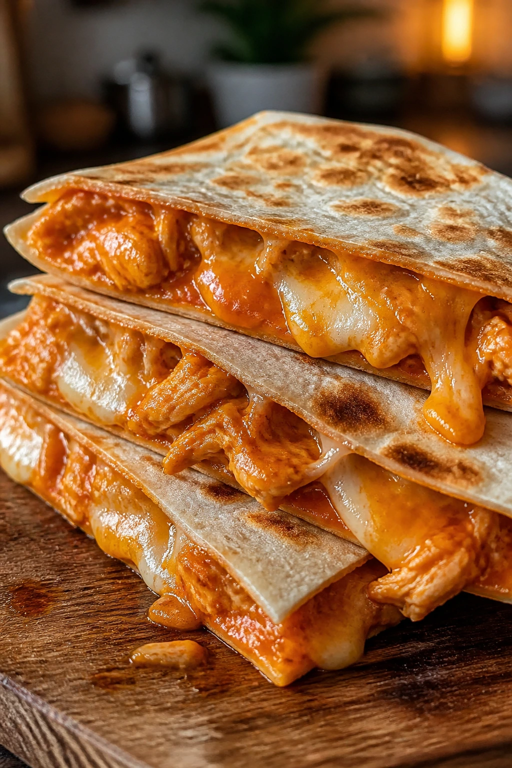 Close-up of buffalo chicken quesadillas with melted cheese on a wooden board.