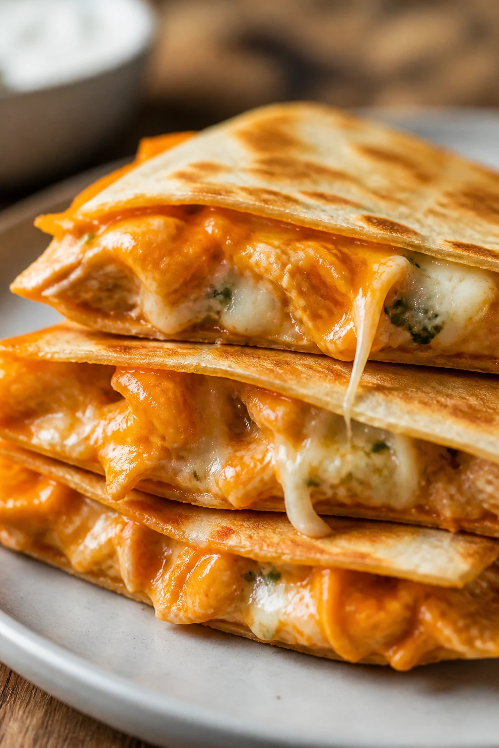 Buffalo chicken ranch quesadilla with orange filling and melted cheese
