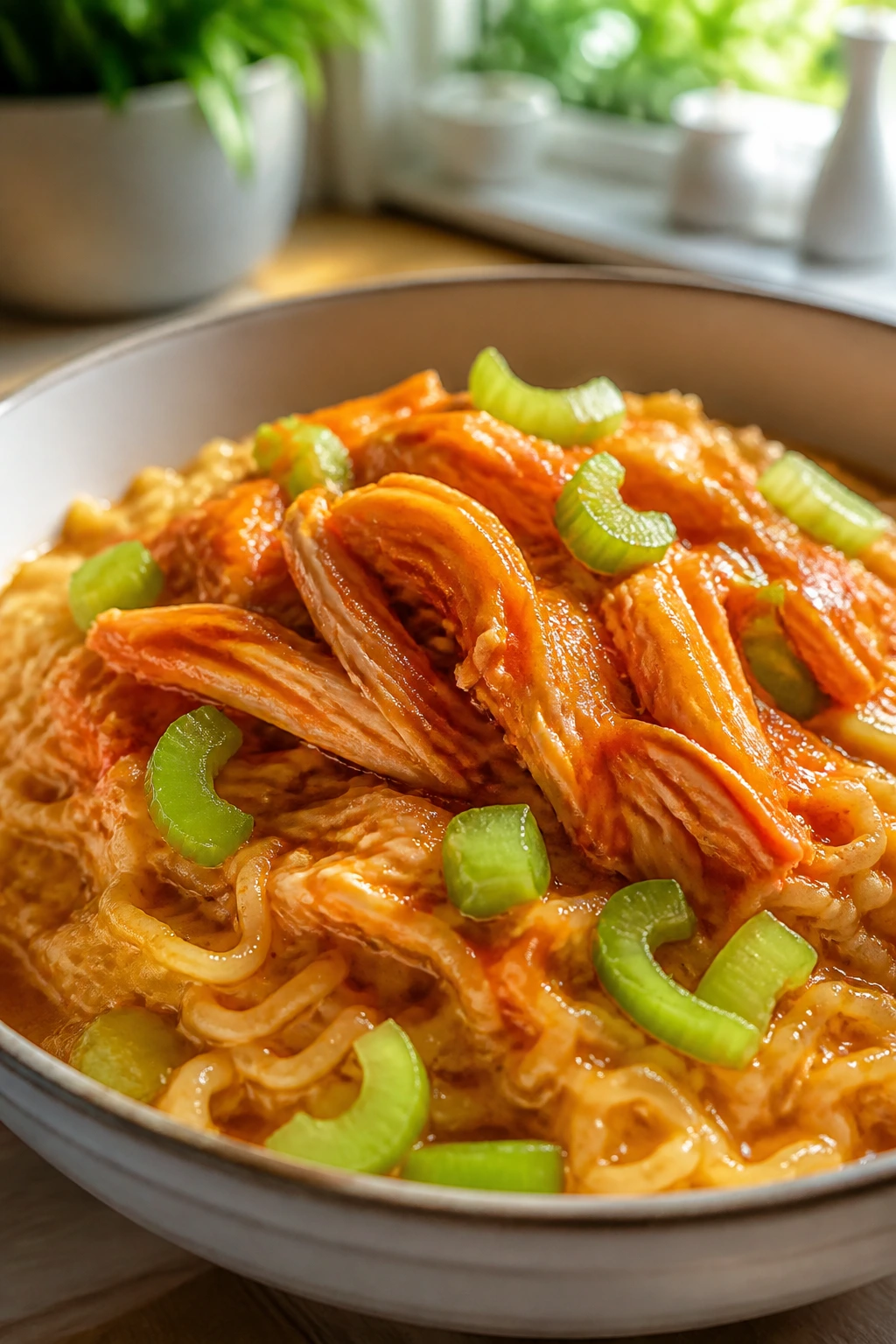 Buffalo chicken ramen with celery on top in a bright kitchen bowl