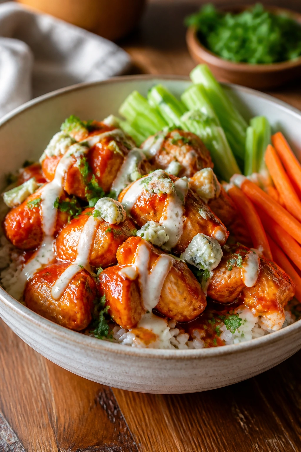 Close-up buffalo chicken rice bowl with celery, carrots, and creamy drizzle.