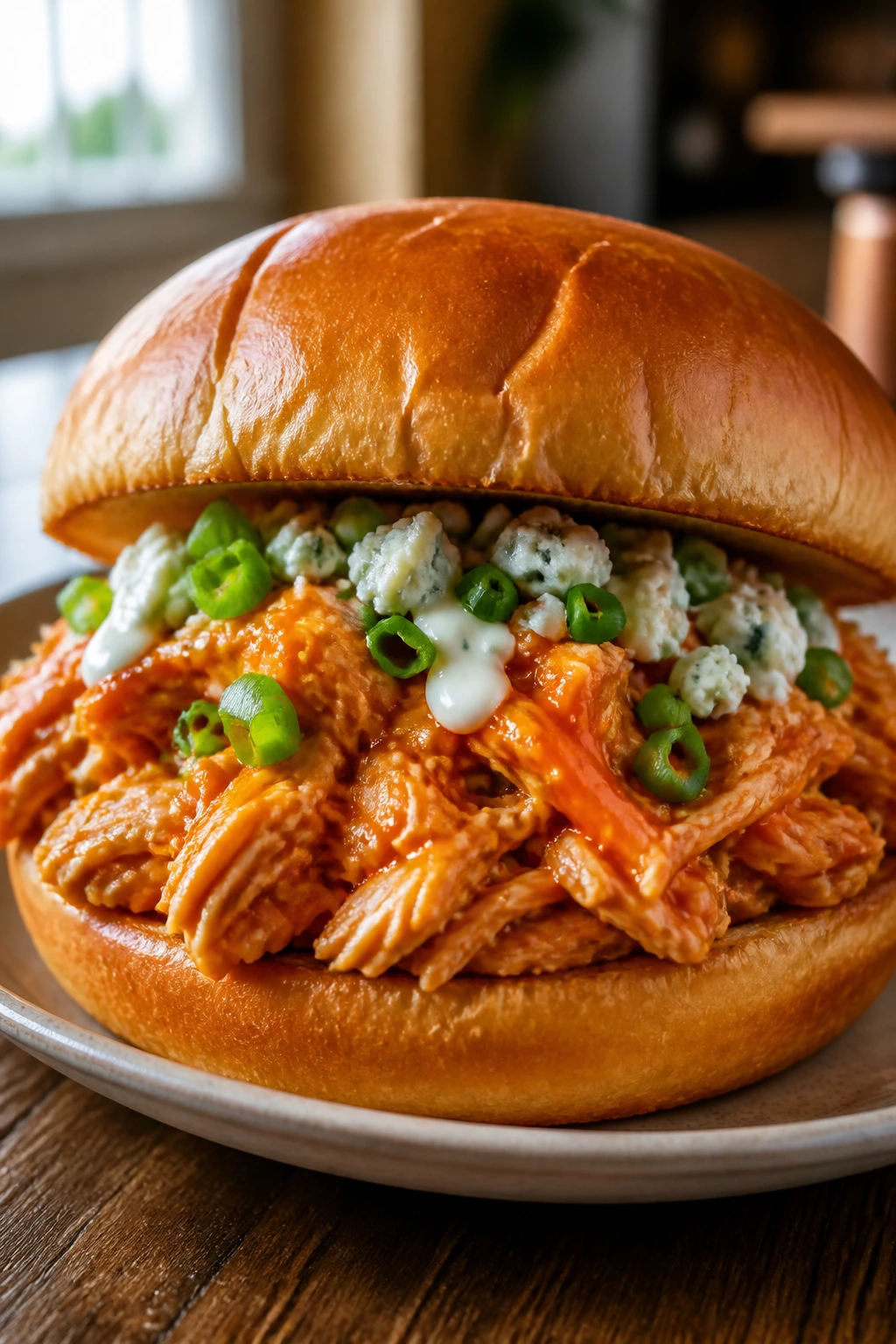 Close-up of buffalo chicken sandwich on a bun with buffalo sauce