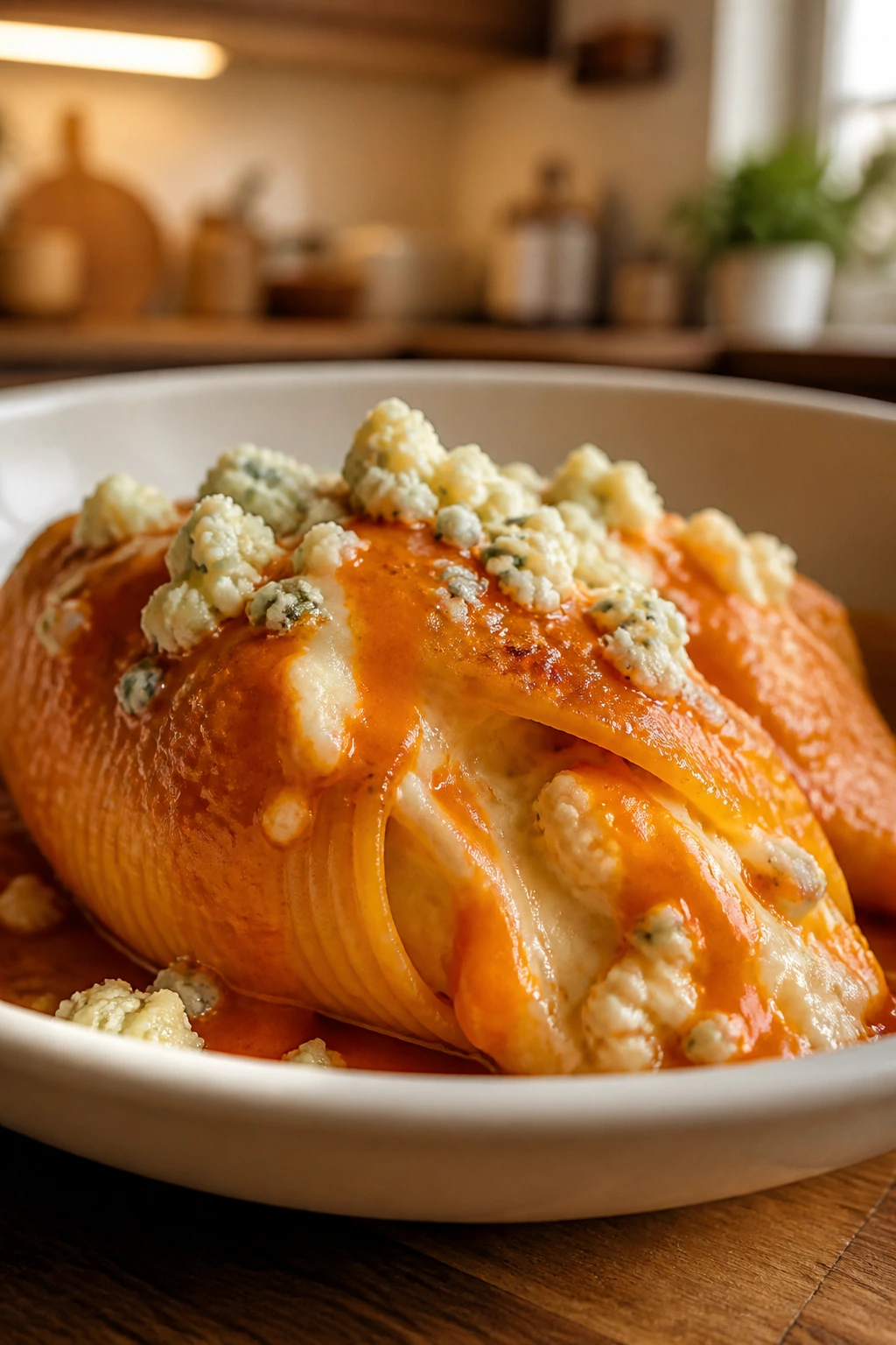 Close-up of buffalo chicken stuffed shell with blue cheese in bowl