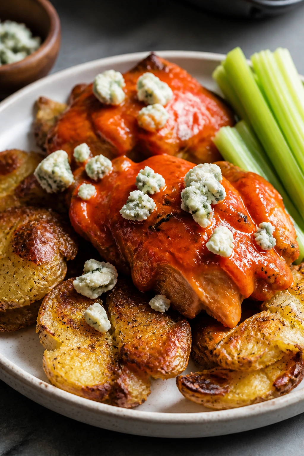 buffalo chicken on smashed potatoes with blue cheese and celery