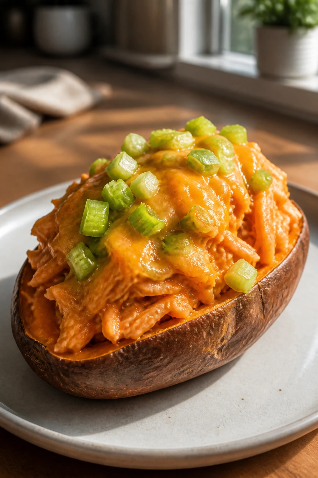 Halved buffalo chicken stuffed sweet potato on plate in kitchen.