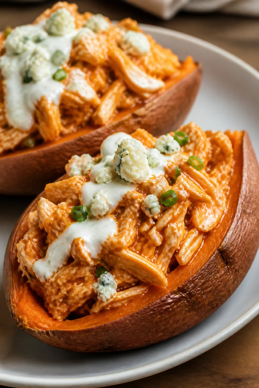 Close-up of buffalo chicken stuffed sweet potatoes on a plate in a warm kitchen.