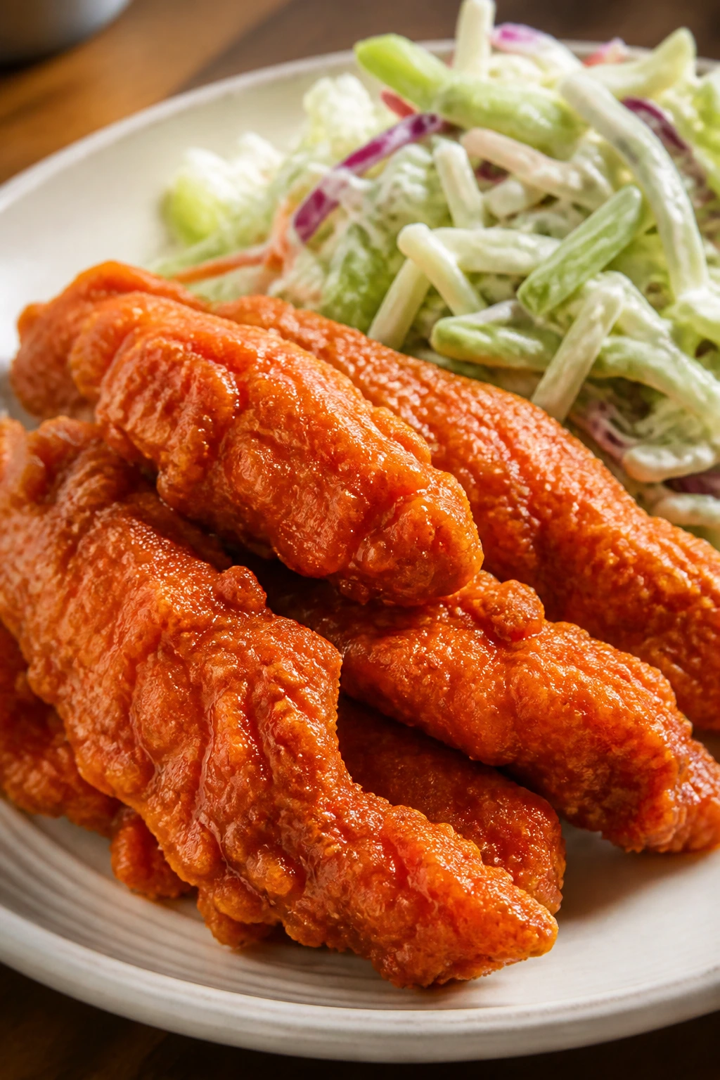 Buffalo chicken tenders with celery slaw on a plate.