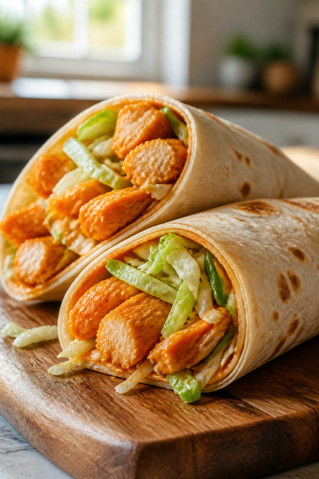 Close-up of Buffalo Chicken Wraps with Celery Slaw on a wooden board, filling the frame in warm kitchen lighting
